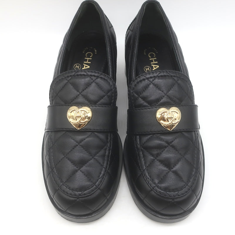 Chanel Quilted CC Heart Loafers Black Lambskin Leather Size 38.5