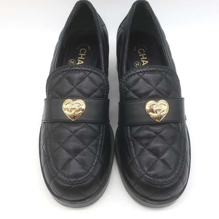 Chanel Quilted CC Heart Loafers Black Lambskin Leather Size 38.5