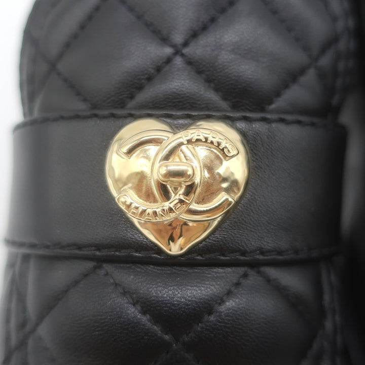 Chanel Quilted CC Heart Loafers Black Lambskin Leather Size 38.5