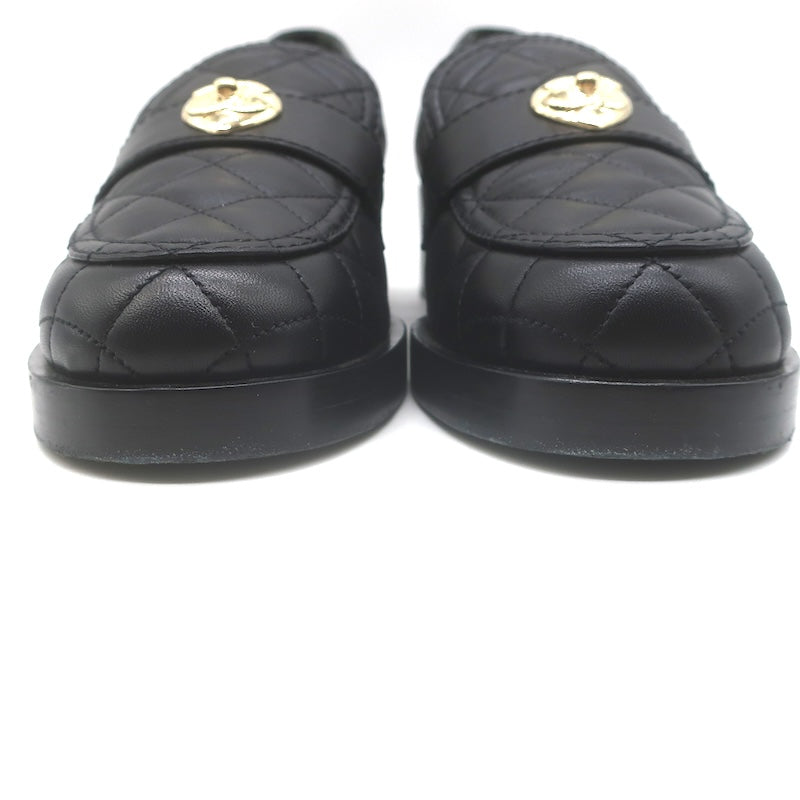 Chanel Quilted CC Heart Loafers Black Lambskin Leather Size 38.5
