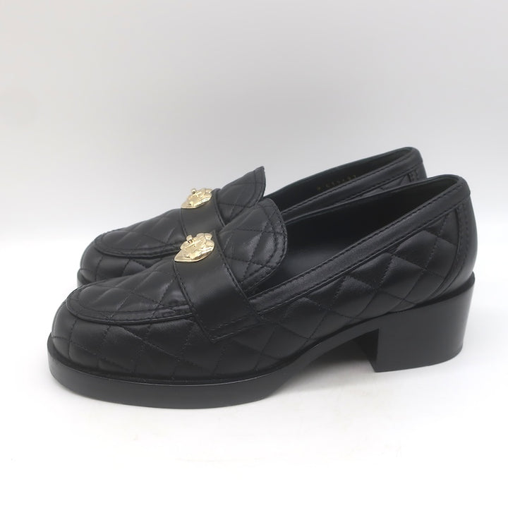 Chanel Quilted CC Heart Loafers Black Lambskin Leather Size 38.5