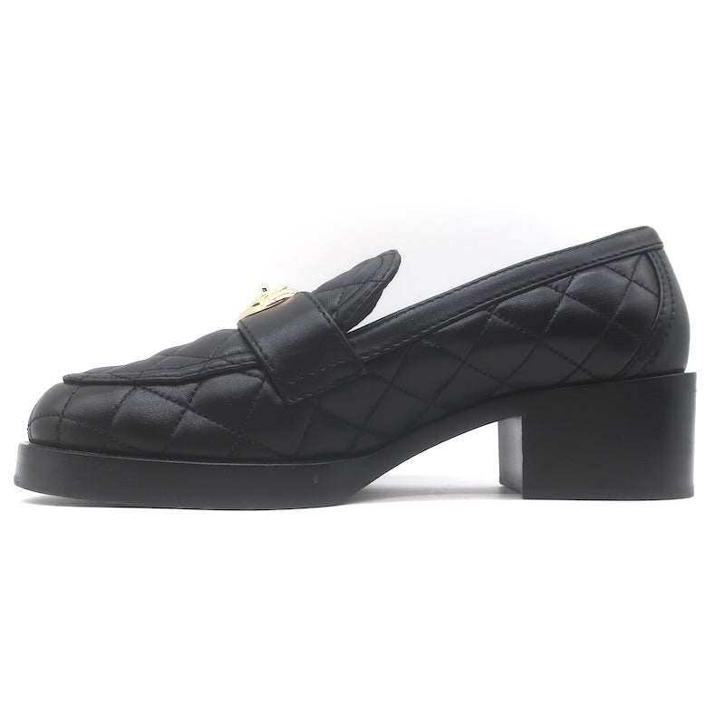 Chanel Quilted CC Heart Loafers Black Lambskin Leather Size 38.5
