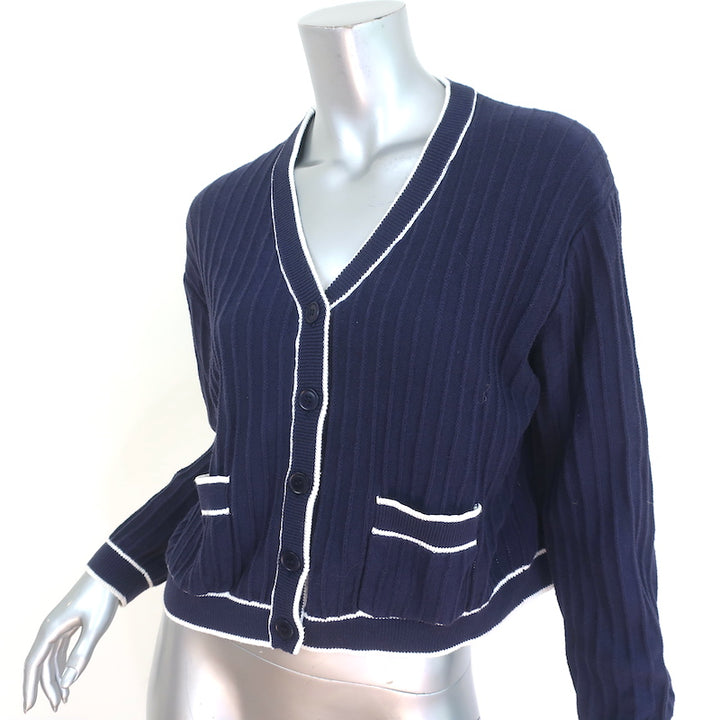 THE GREAT The Athletic Cardigan Navy Ribbed Knit Size 1 V-Neck Sweater