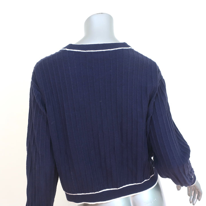 THE GREAT The Athletic Cardigan Navy Ribbed Knit Size 1 V-Neck Sweater
