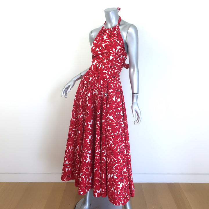 Prada Floral Print Tie-Back Midi Halter Dress Red/White Cotton Poplin Size 40