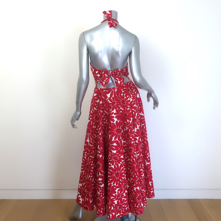 Prada Floral Print Tie-Back Midi Halter Dress Red/White Cotton Poplin Size 40