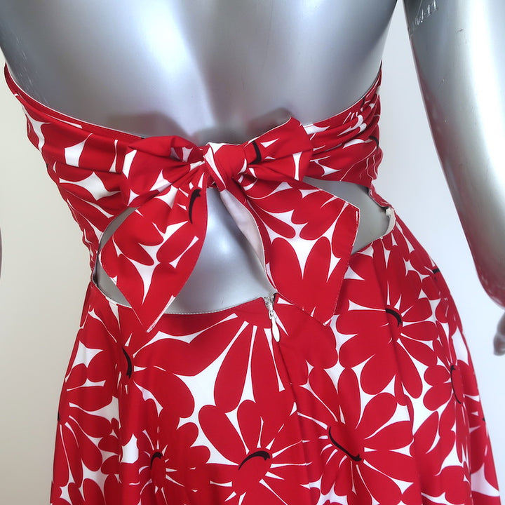 Prada Floral Print Tie-Back Midi Halter Dress Red/White Cotton Poplin Size 40
