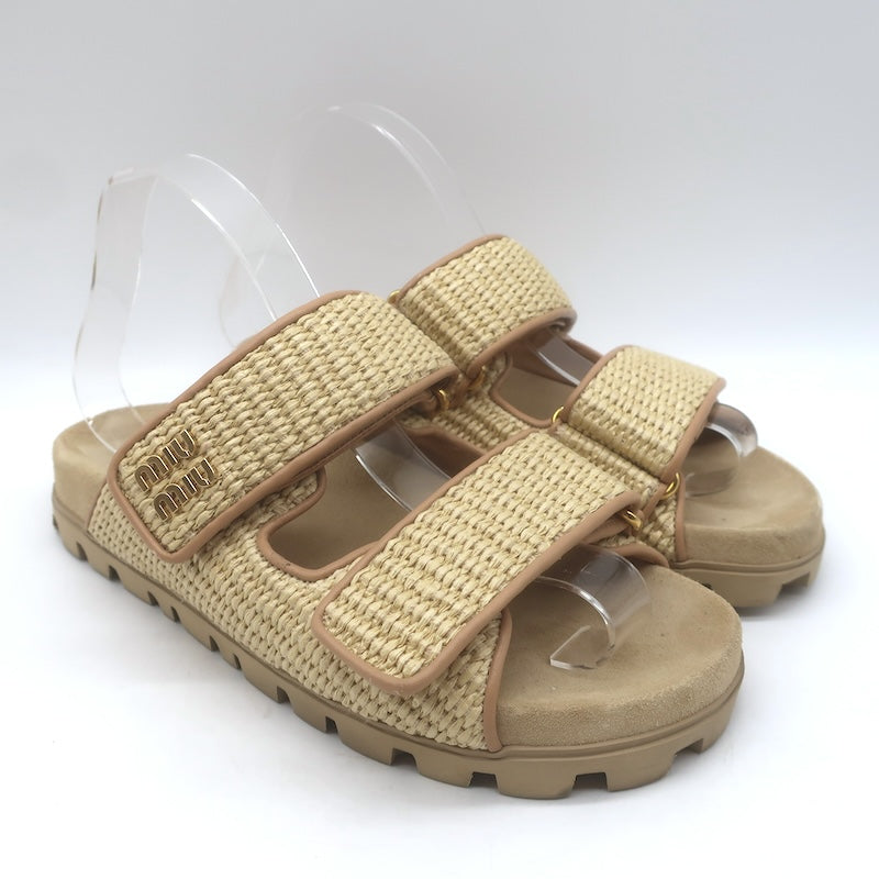 Miu Miu Raffia Dual-Strap Slide Sandals Beige Size 38