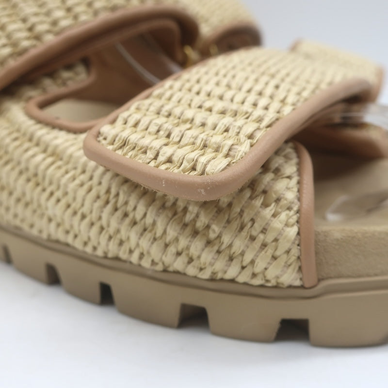 Miu Miu Raffia Dual-Strap Slide Sandals Beige Size 38