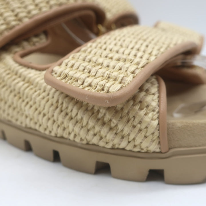 Miu Miu Raffia Dual-Strap Slide Sandals Beige Size 38