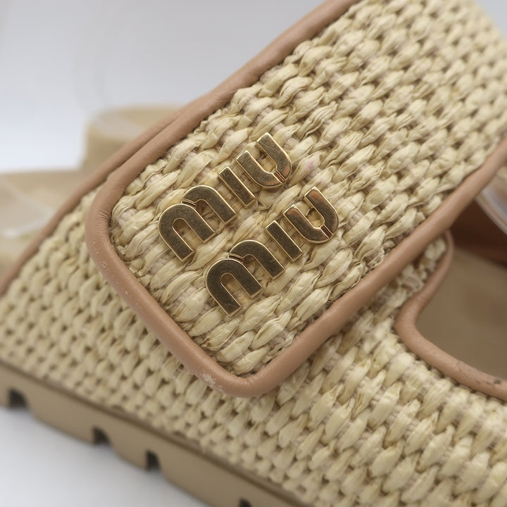 Miu Miu Raffia Dual-Strap Slide Sandals Beige Size 38