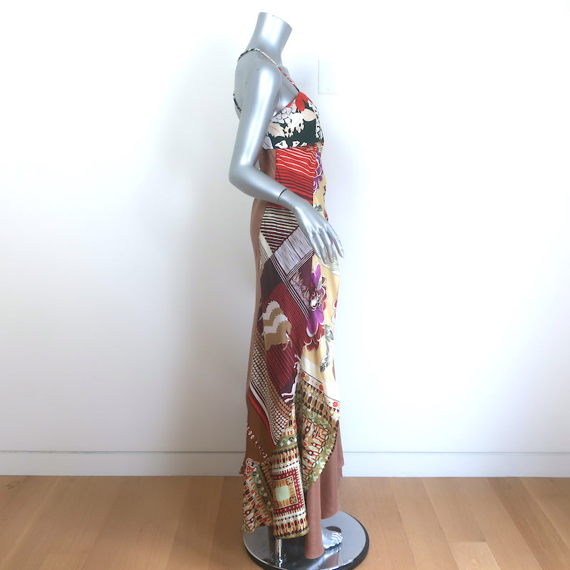 Chloe Asymmetric Scarf-Detail Maxi Dress Brown/Multi Silk Twill Size 3 Celebrity Owned Chloe Asymmetric Scarf-Detail Maxi Dress Brown/Multi Silk Twill Size 3 Celebrity Owned