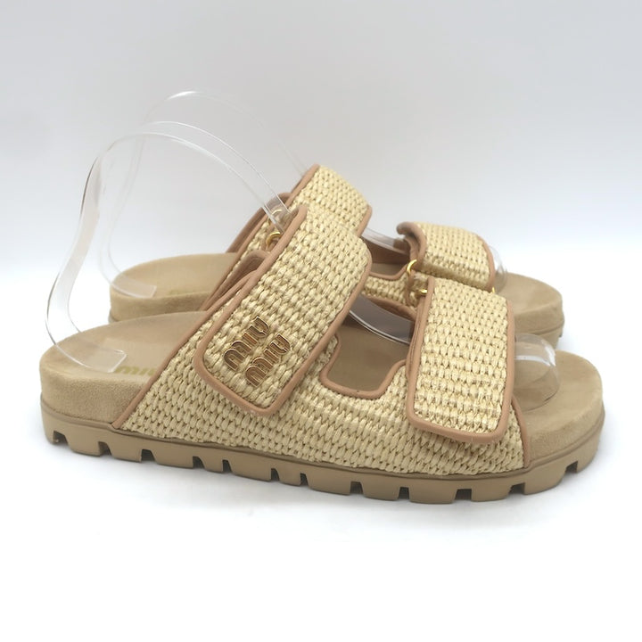 Miu Miu Raffia Dual-Strap Slide Sandals Beige Size 38