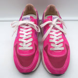 Golden Goose Running Sole glitter-heel sneakers in fuchsia suede, authentic pre-owned luxury.
