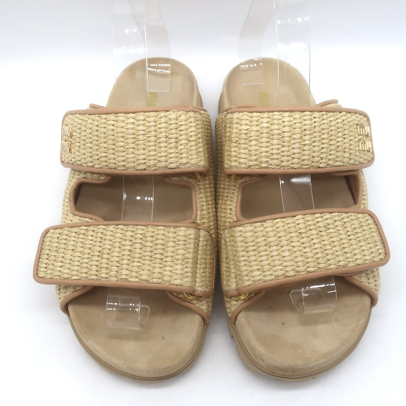 Miu Miu Raffia Dual-Strap Slide Sandals Beige Size 38