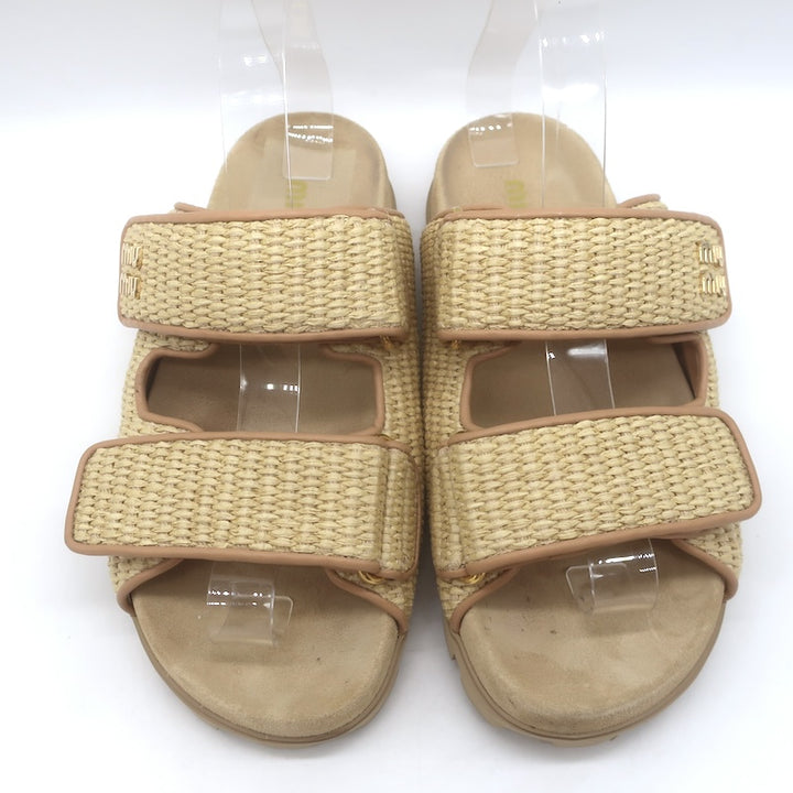 Miu Miu Raffia Dual-Strap Slide Sandals Beige Size 38