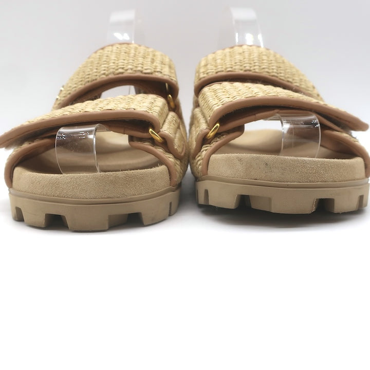 Miu Miu Raffia Dual-Strap Slide Sandals Beige Size 38