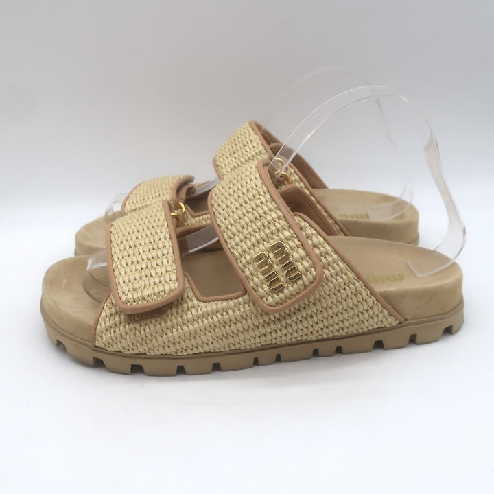 Miu Miu Raffia Dual-Strap Slide Sandals Beige Size 38