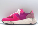Golden Goose Running Sole glitter-heel sneakers in fuchsia suede, authentic pre-owned luxury.