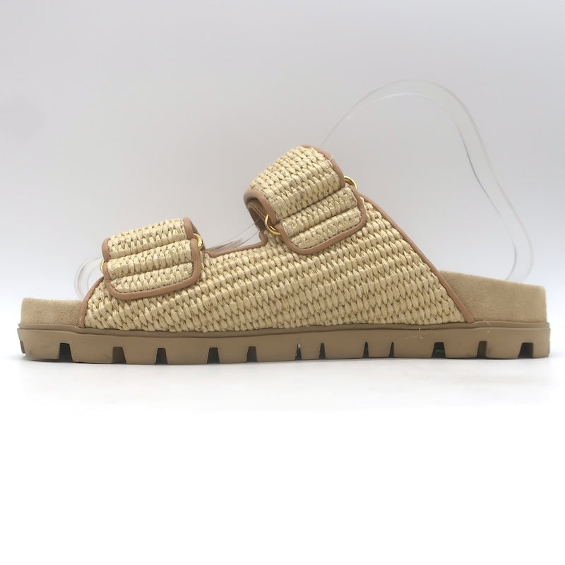 Miu Miu Raffia Dual-Strap Slide Sandals Beige Size 38