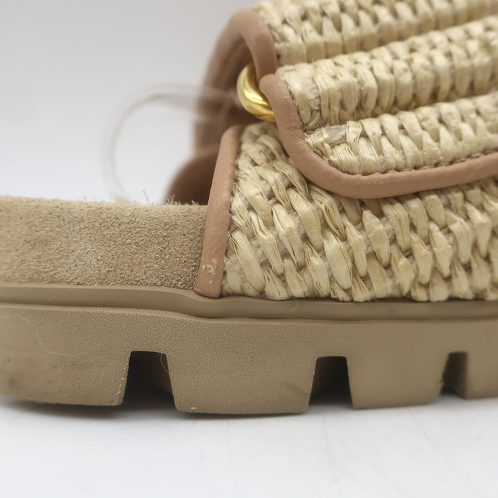 Miu Miu Raffia Dual-Strap Slide Sandals Beige Size 38