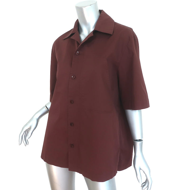 Tibi Camp Shirt Brown Cotton Poplin Size Medium Short Sleeve Top