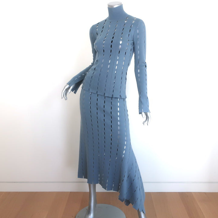 Zankov Open-Knit Turtleneck &amp; Midi Skirt Set Blue Merino Wool Size Extra Small