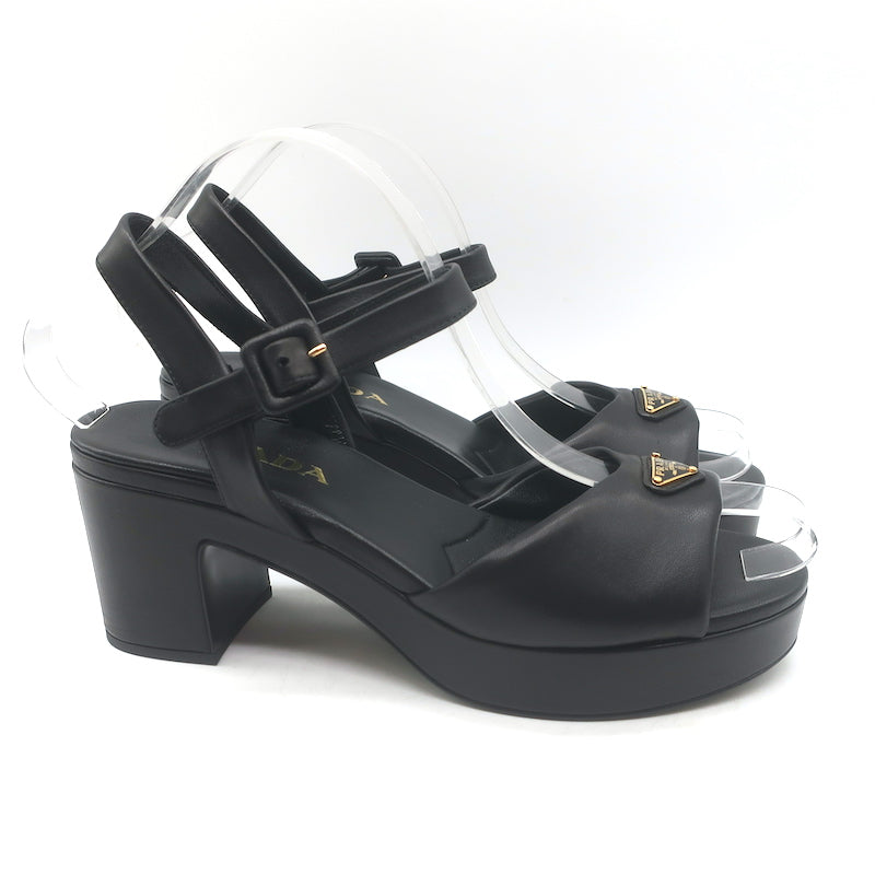 Prada Ankle Strap Platform Sandals Black Padded Nappa Leather Size 37.5