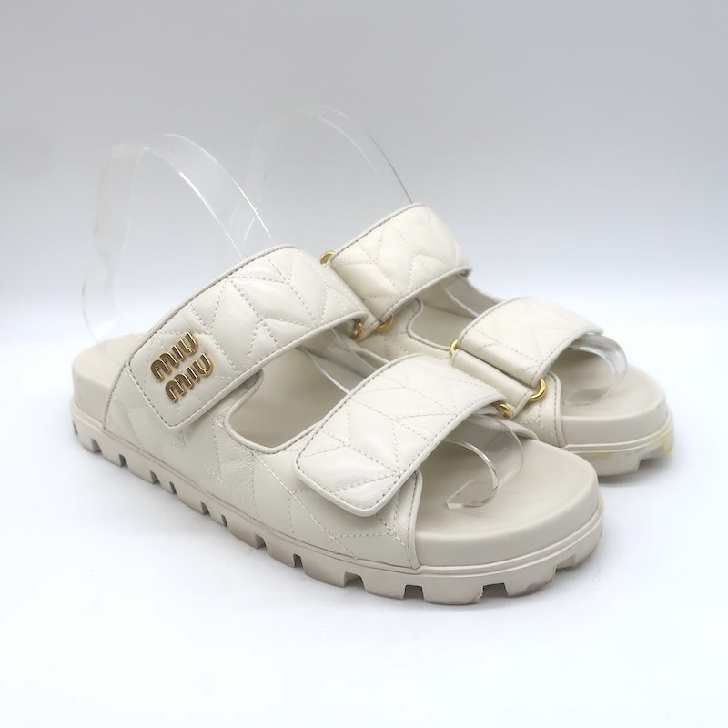 Miu Miu Matelasse Dual-Strap Slide Sandals White Nappa Leather Size 38