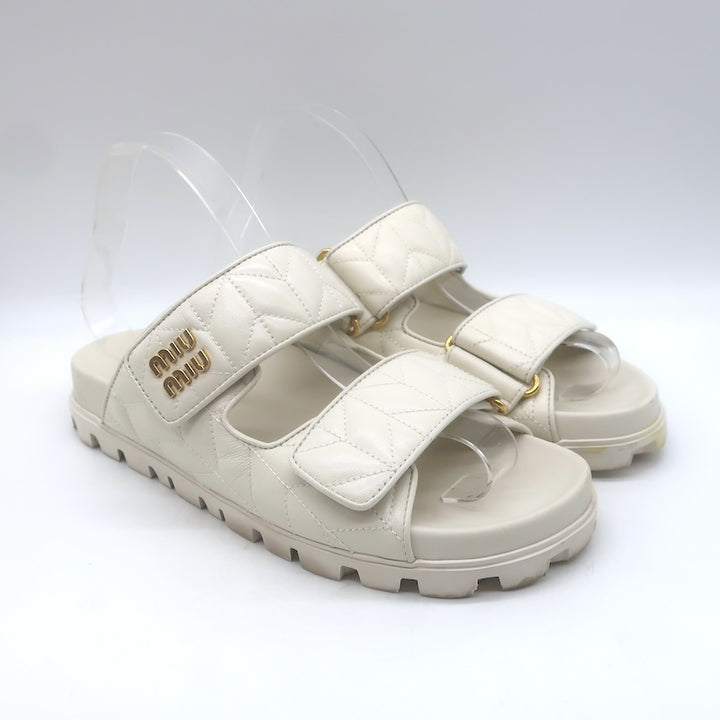 Miu Miu Matelasse Dual-Strap Slide Sandals White Nappa Leather Size 38