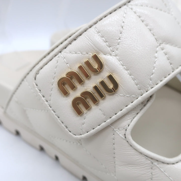 Miu Miu Matelasse Dual-Strap Slide Sandals White Nappa Leather Size 38