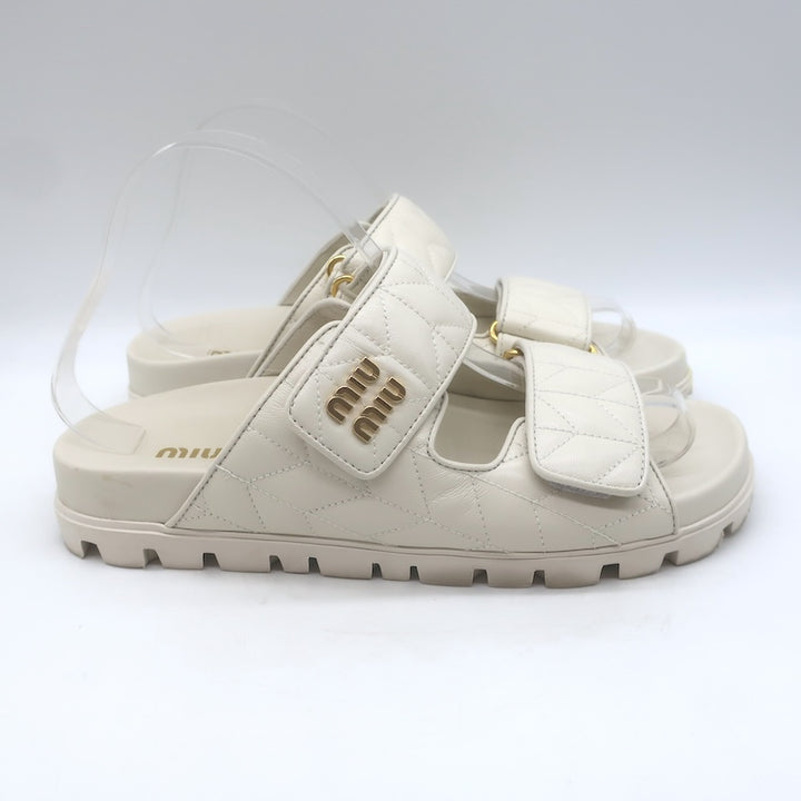 Miu Miu Matelasse Dual-Strap Slide Sandals White Nappa Leather Size 38