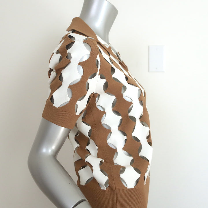 Tory Burch Cut-Out Polo Shirt Brown &amp; White Size Small Short Sleeve Top