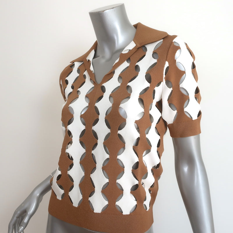 Tory Burch Cut-Out Polo Shirt Brown &amp; White Size Small Short Sleeve Top