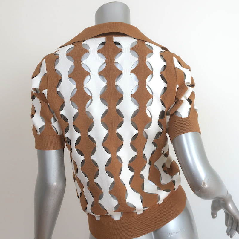 Tory Burch Cut-Out Polo Shirt Brown &amp; White Size Small Short Sleeve Top