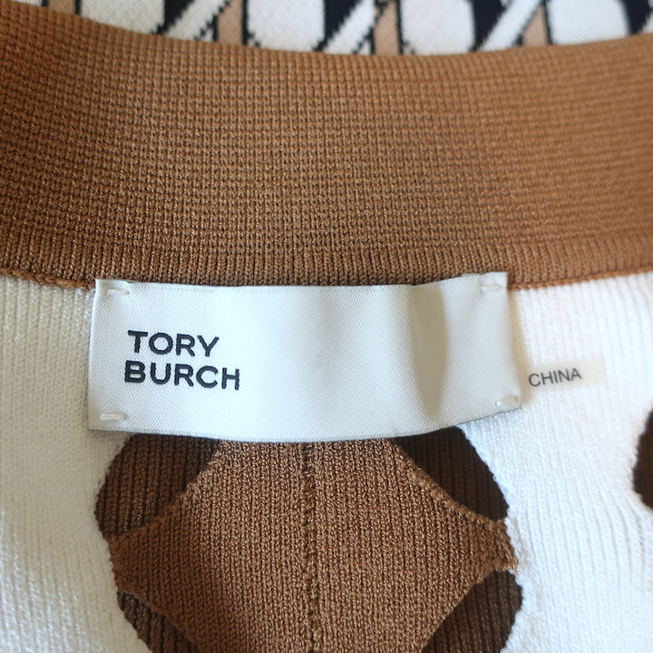 Tory Burch Cut-Out Polo Shirt Brown &amp; White Size Small Short Sleeve Top