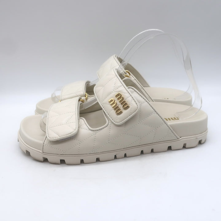 Miu Miu Matelasse Dual-Strap Slide Sandals White Nappa Leather Size 38