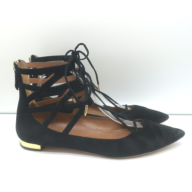 Aquazzura Belgravia Lace-Up Pointed Toe Flats Black Cutout Suede Size 40