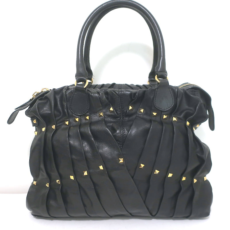 Valentino Maison Studded Tote Black Pleated Leather Large Shoulder Bag