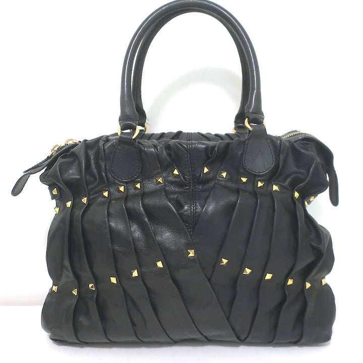 Valentino Maison Studded Tote Black Pleated Leather Large Shoulder Bag