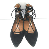 Aquazzura Belgravia Lace-Up Pointed Toe Flats Black Cutout Suede Size 40