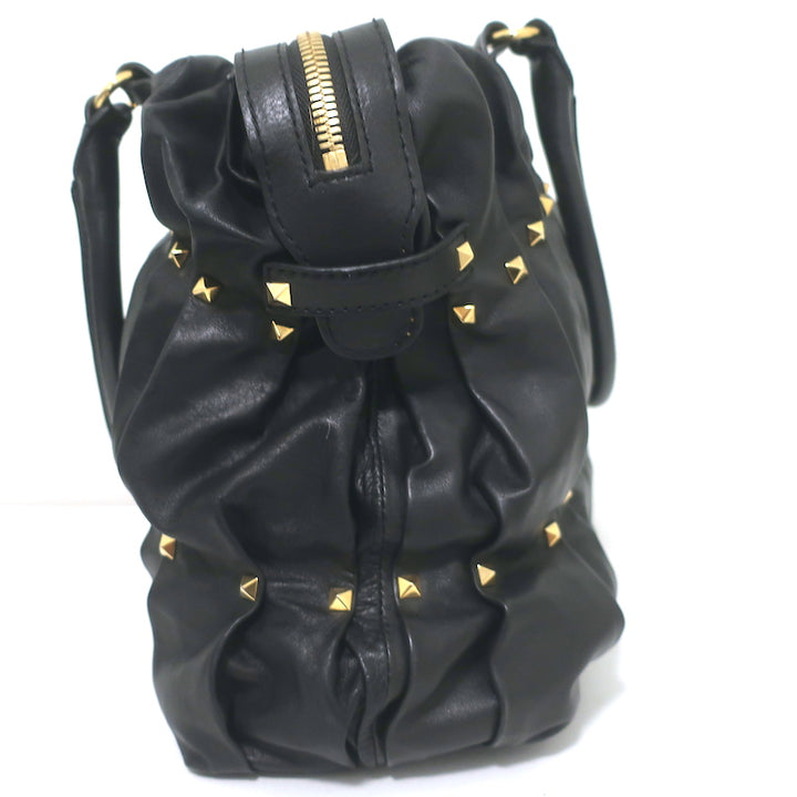 Valentino Maison Studded Tote Black Pleated Leather Large Shoulder Bag