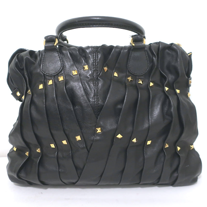 Valentino Maison Studded Tote Black Pleated Leather Large Shoulder Bag