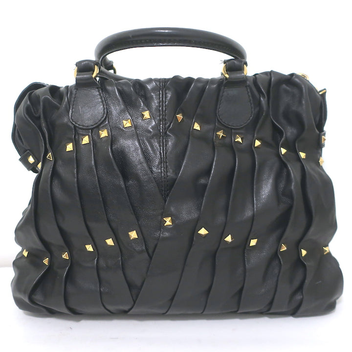 Valentino Maison Studded Tote Black Pleated Leather Large Shoulder Bag