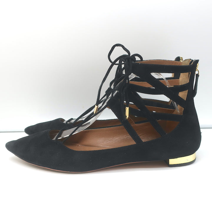 Aquazzura Belgravia Lace-Up Pointed Toe Flats Black Cutout Suede Size 40