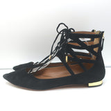 Aquazzura Belgravia Lace-Up Pointed Toe Flats Black Cutout Suede Size 40