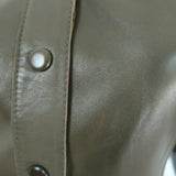 GANNI lamb leather puff-sleeve mini shirtdress in olive, pre-owned with light wear — authentic luxury, size 36