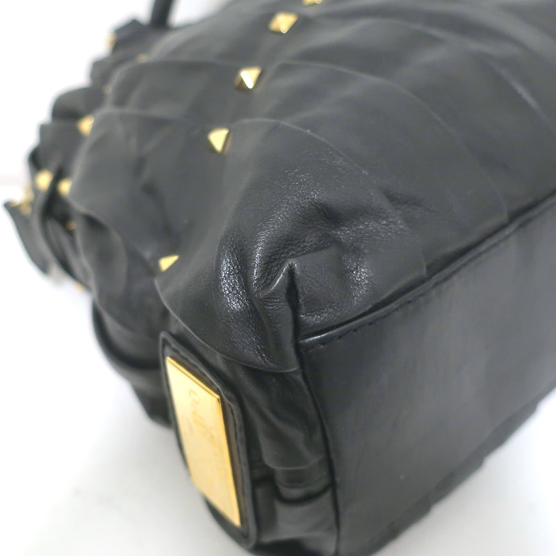 Valentino Maison Studded Tote Black Pleated Leather Large Shoulder Bag