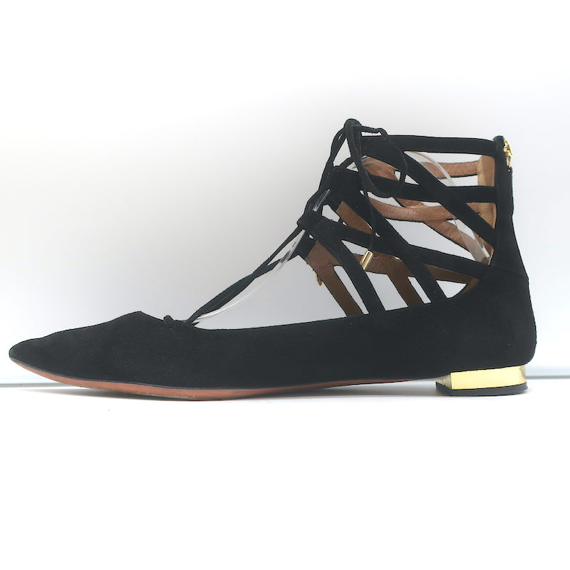 Aquazzura Belgravia Lace-Up Pointed Toe Flats Black Cutout Suede Size 40
