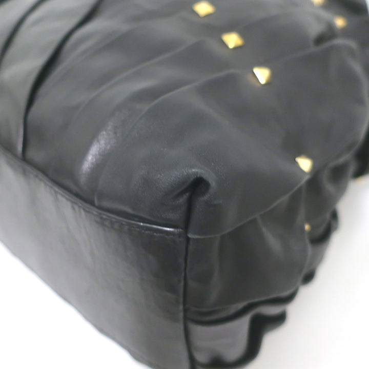Valentino Maison Studded Tote Black Pleated Leather Large Shoulder Bag